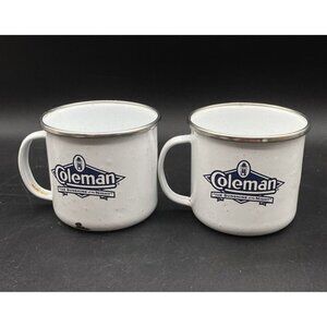 Lot 2 Coleman White Enamel Mugs "Sunshine of the Night" Camping 13 Oz Vintage